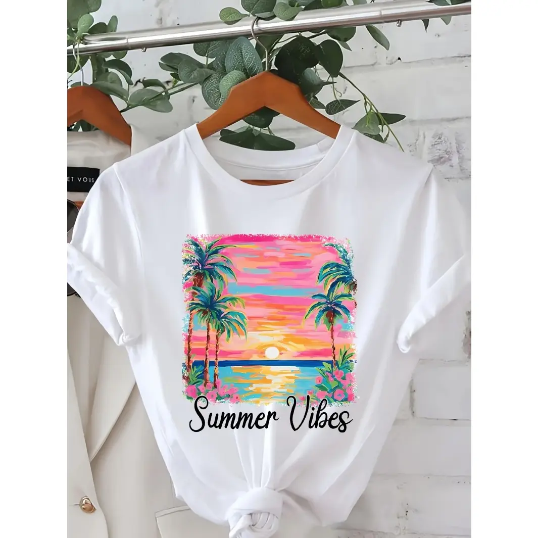 Womens Cotton Short Sleeve Graphic Tee Summer Vibes Sunset Beach Palm Tree Print Soft Breathable Casual Vacation Cruise Travel Outfit Cute Gift