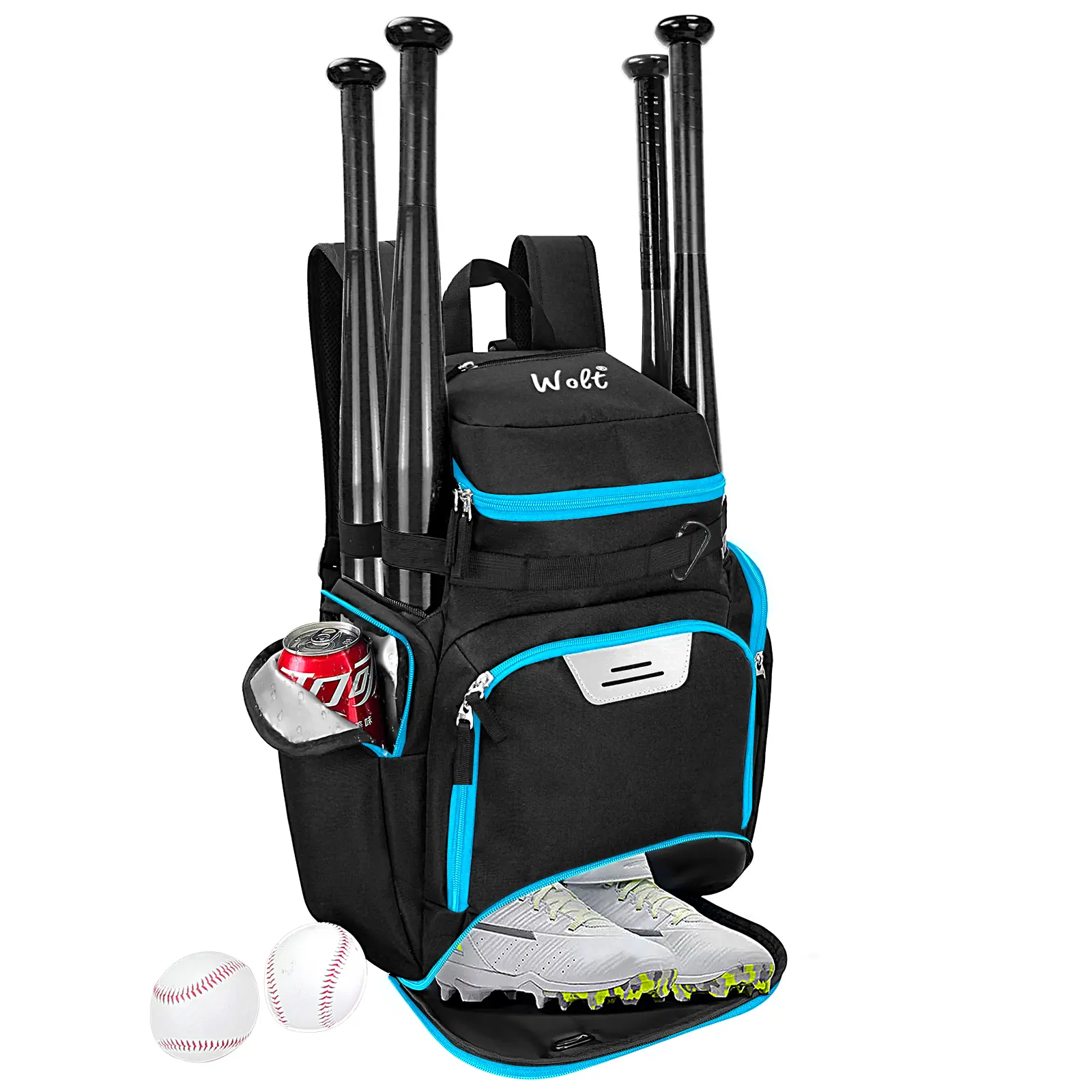 Wolt Large Multifunctional Youth Sport Backpack - Tear-Proof, Ventilated, with Separate Helmet Compartment, Shoe Pocket, Ball Set Storage, Baseball Bat Carrier, Softball Glove Holder, Bottle Pockets