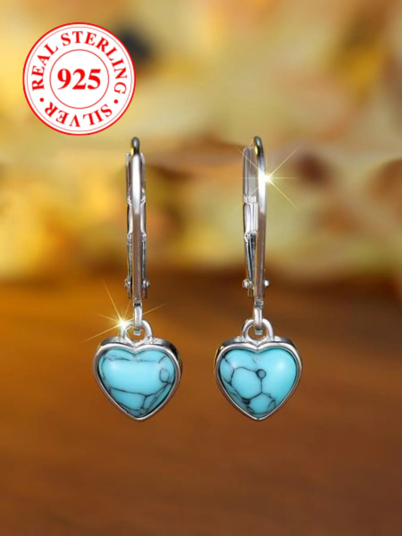 925 Sterling Silver Heart Shaped Turquoise Decor Dangle Earrings, Dangling Earrings, Fashionable Jewelry for Women, Trendy All-match & Exquisite Jewelry for Birthday Gift