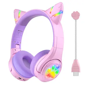 Riwbox CF9 Cat Ear Kids Bluetooth Headphones with LED Light Up, Safe 85dB Volume Limit,Built-in Mic&Boom Mic for Calls,Kids Wireless&Wired Headphones for Girls/Toddler/Online Learning/School