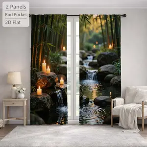 2Pcs Zen Garden Candles River Waterfall Pattern Sun Blocking Curtains Digital Printed Rod Pocket, Window Treatment For Bedroom Office Kitchen Living Room Study Home Decor