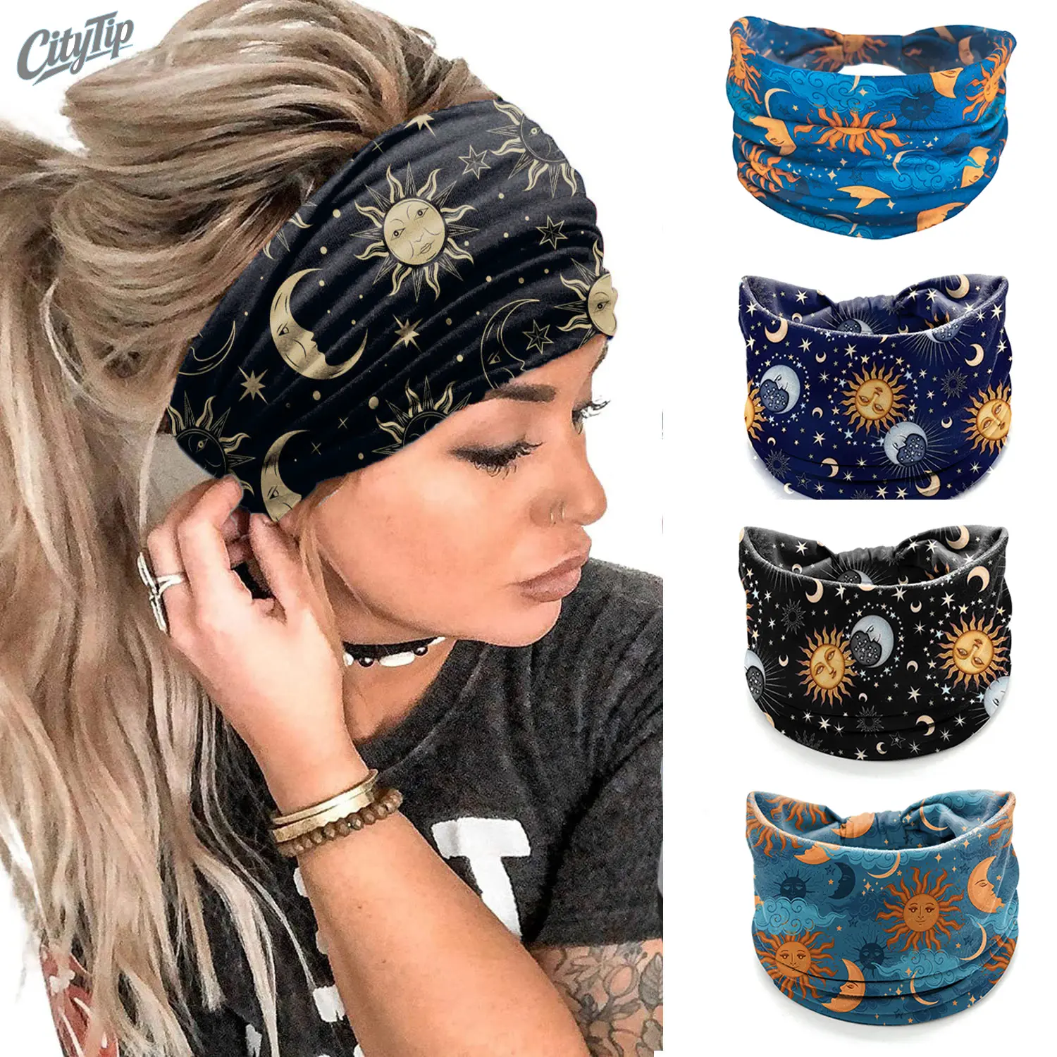 Star Moon Headbands for Women Girls, Wide Knotted Non Slip Wraps Elastic Yoga Turban, Fashion Soft Hair Wrap Hair Bands, Boho Celestial Hair Accessories for Daily Wear Yoga Sports