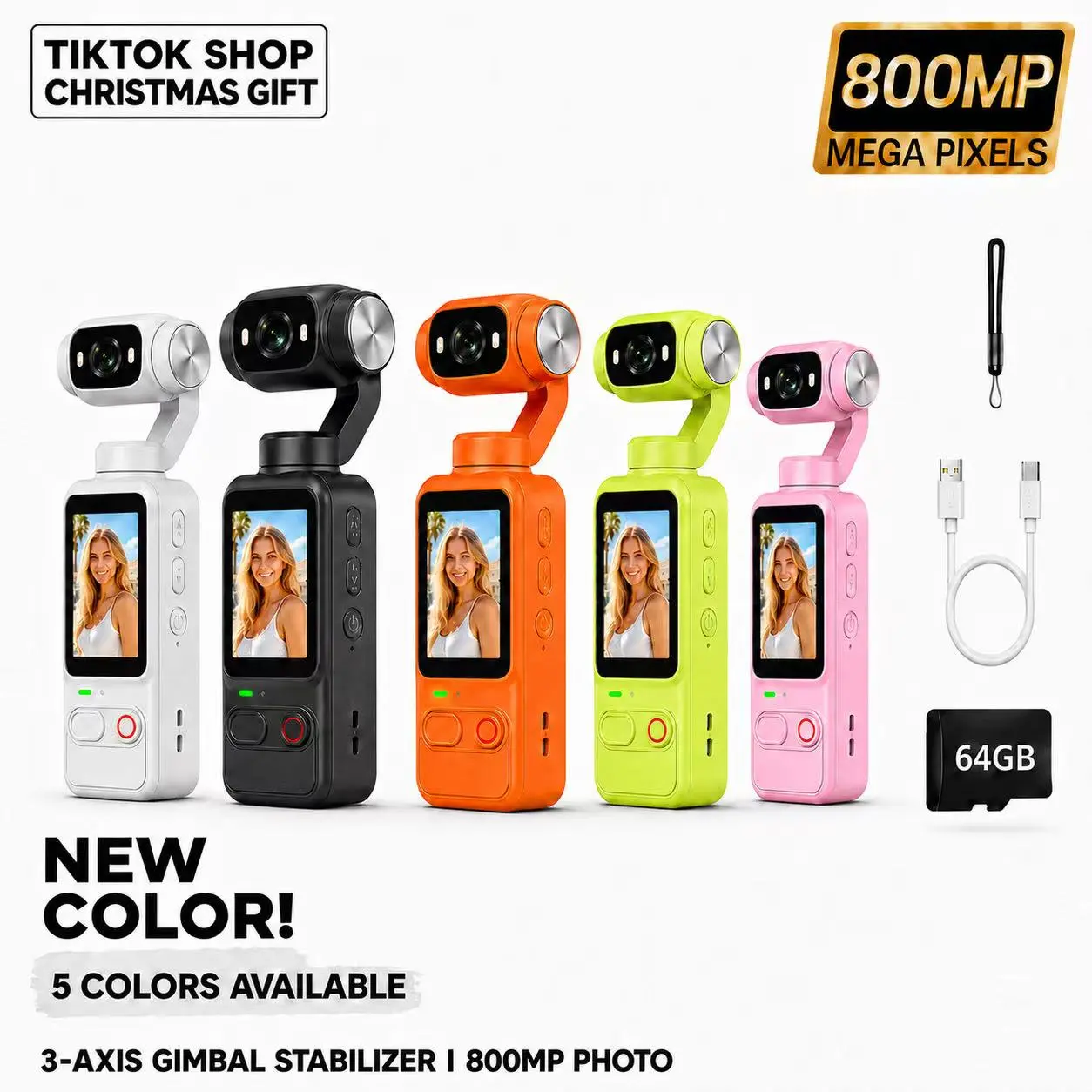 Portable high-definition 800w pixel video recording camera, equipped with adjustable 180 ° °   Rotating full-body camera, 64GB memory card and USB charging function--very suitable for video recording, travel, and as a birthday/Christmas gift
