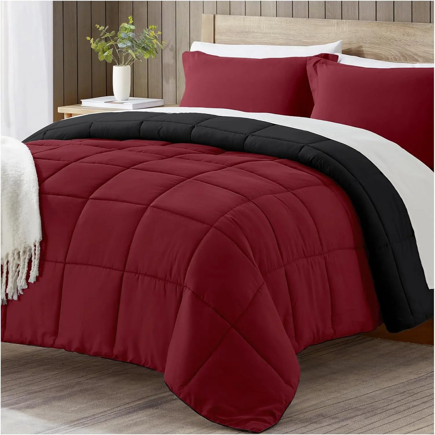 Queen Size Red Breathable Down Alternative Duvet - 3-Piece Lightweight Quilted Bedding Set