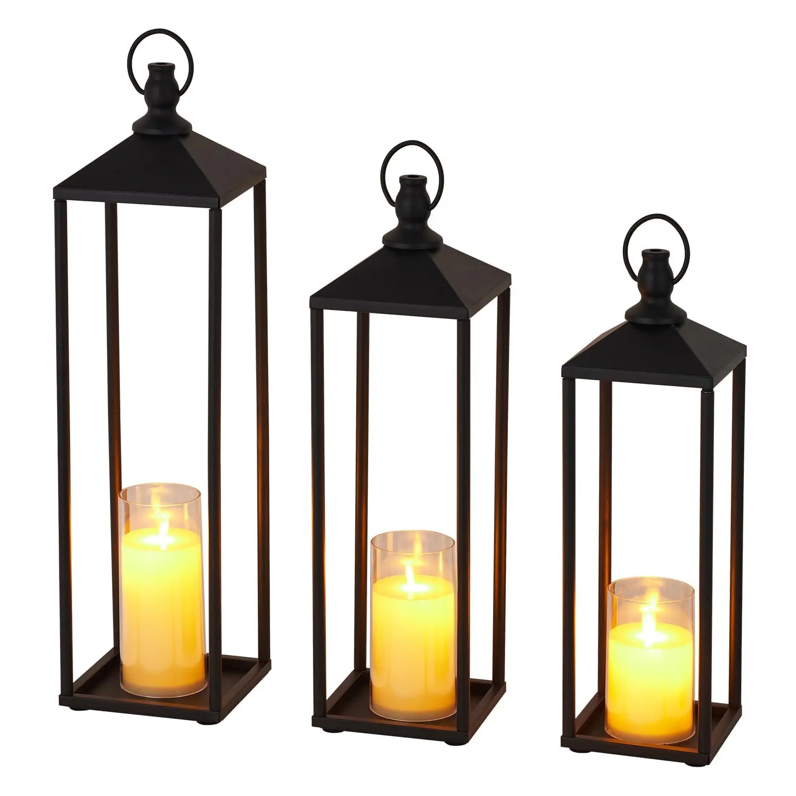 Garvee 22" 19" 17" Black Candle Lanterns, Metal Decorative Lanterns for Outdoor & Indoor with Flameless LED Candles, Halloween & Christmas Use Modern Patio Porch Garden Floor Decor