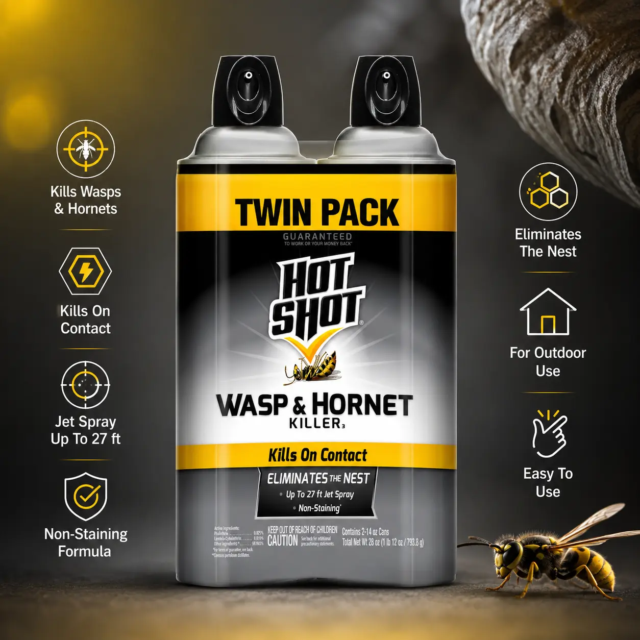 Hot Shot Water-Based Outdoor Insect-Control Aerosol Wasp Killer, 27-ft Jet Spray, Kills On Contact Scorpions, Hornets, Yellow Jackets & Mud Dabbers, 14 oz Each, 2-Count Pack (28 oz Total), Scorpion