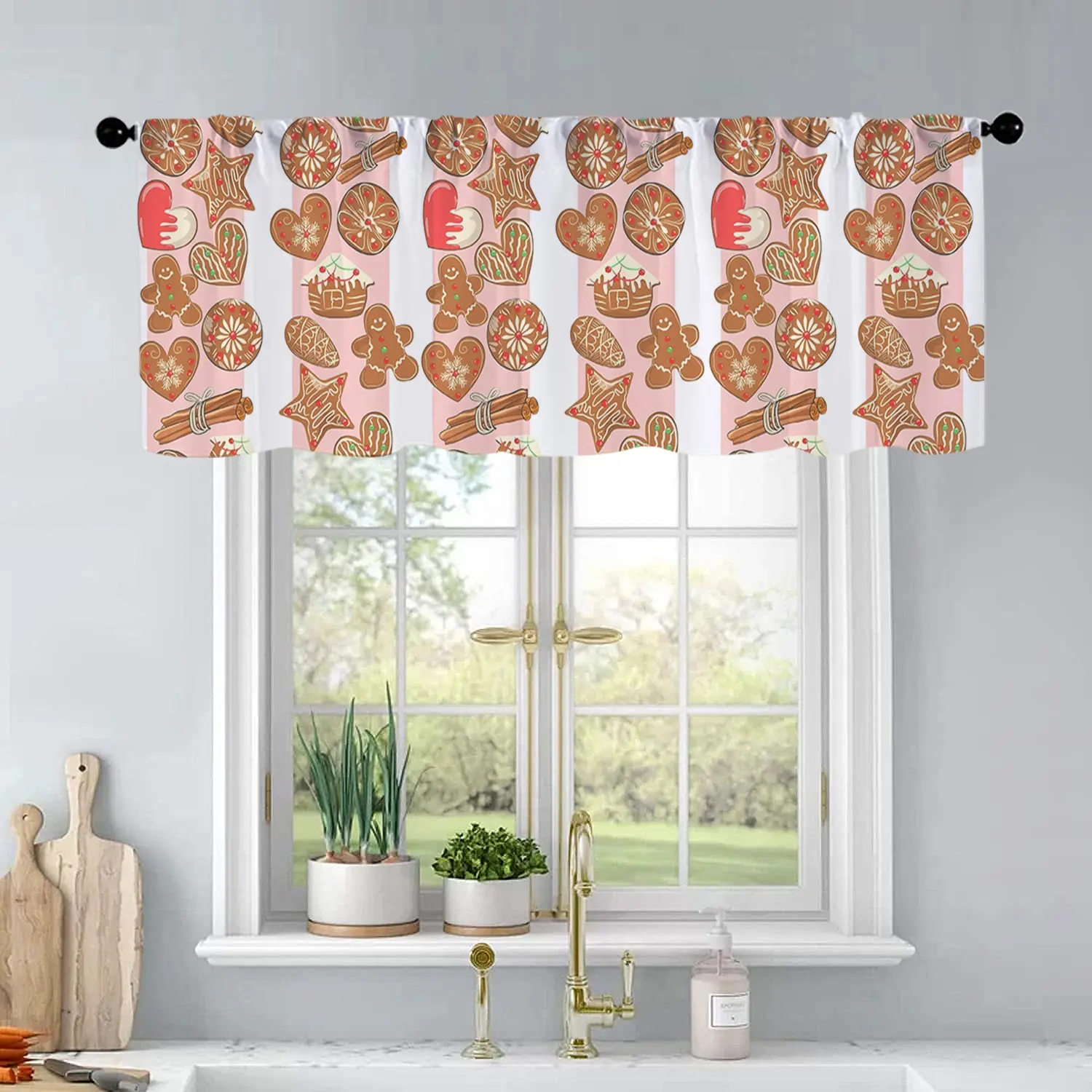 1Pc Christmas And New Year Printed Kitchen Curtains Seamless Pattern With Gingerbread Curtains Curtain Valance Living Room Bedroom Bathroom Home Decor 54X18 Inch