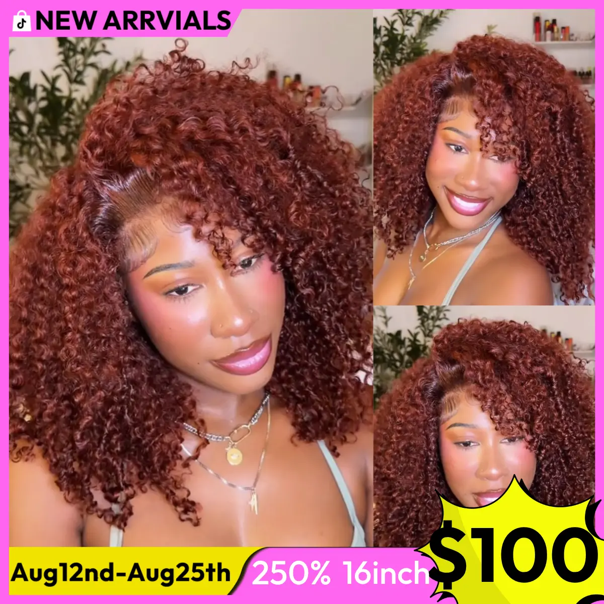 UNice 250% Density Reddish Brown Fluffy Afro Kinky Curly with Layered Finger Coil Ends Glueless 7x5 HD Lace Closure Human Hair Wigs No Slip Beginner-Friendly Natural Looking Summer Wig SummerArrvials