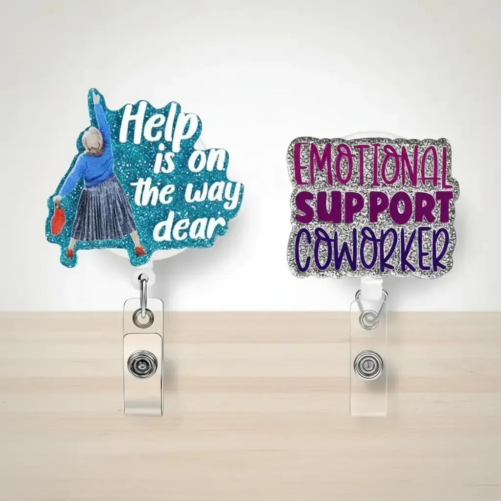 Cute & Letter Badge Holder Bundle, 2pcs Retractable Acrylic Badge Reels with Clip In, Badge Decoration, Suitable for Nurses, Doctors, Students, Workers, Volunteers