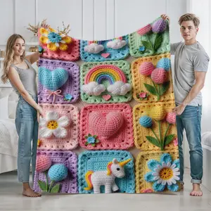 Crochet Pattern Blanket with Rainbow Clouds Heart Flowers and Unicorn Design Soft Cozy Throw for Home Living Room and Bedroom Use Ideal Gift for Valentines Day Easter and Spring Celebration Enthusiasts Looking for Unique Decorative Comfort Item