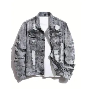 Jean Jacket Men, Men'S Denim Jacket Distressed Ripped Slim Fit Stretch Trucker Jackets Classic Casual Denim Coat