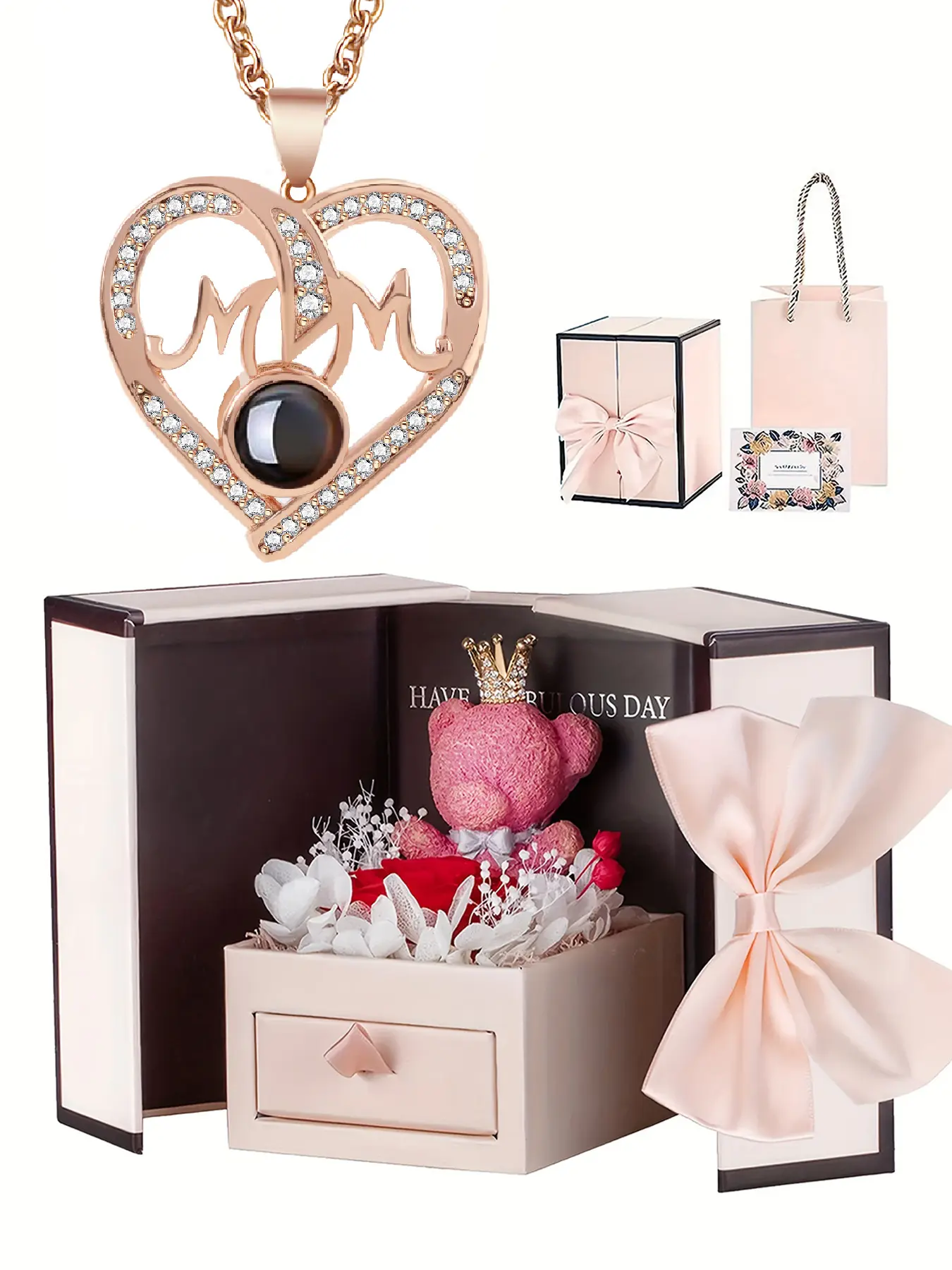 The gift from the husband to his wife, a gift for a new mother, the love projection Heart Design Necklace and the rose bear gift box, a Mother's Day gift, the best gift for her, suitable for wearing in various occasions, Jewelry Gifts