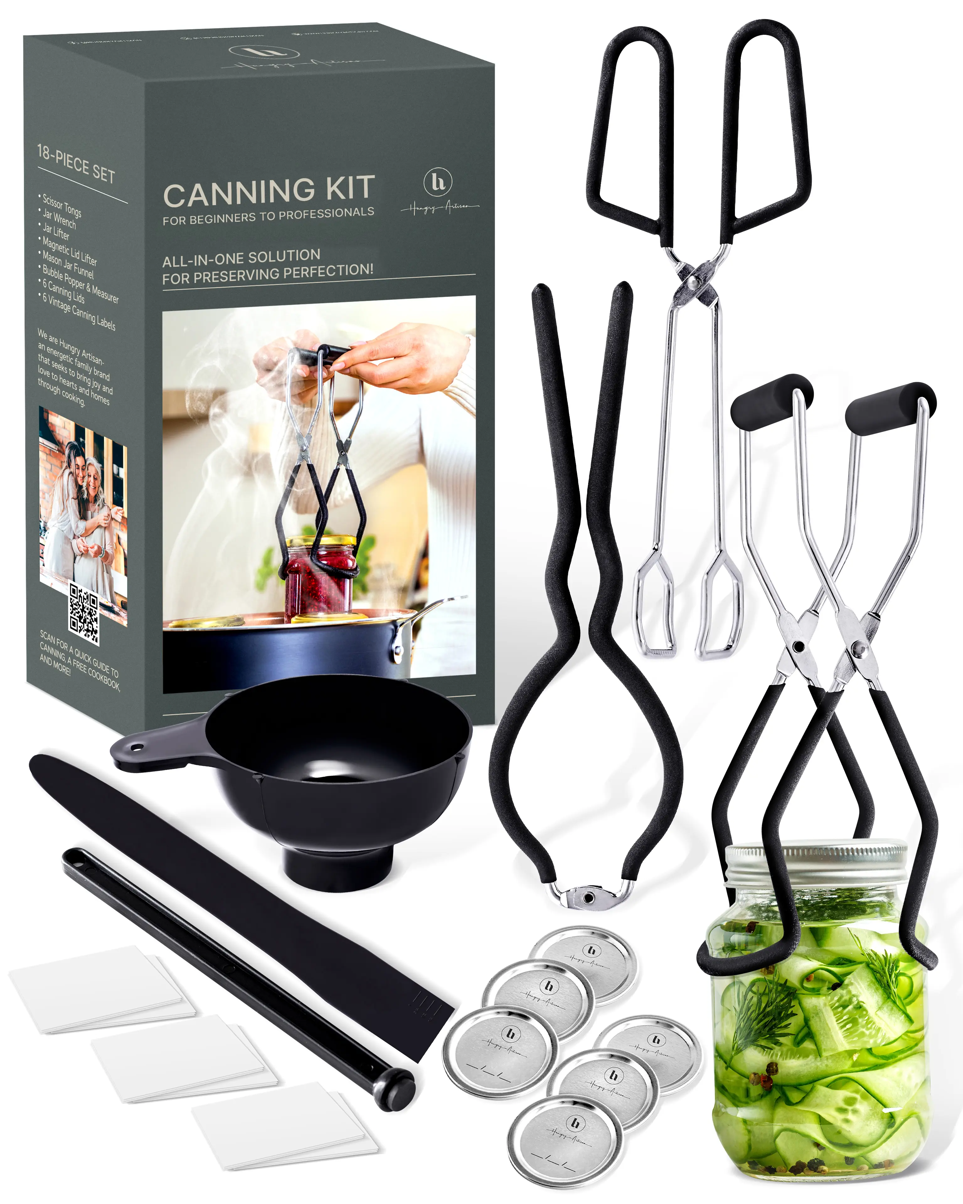 Hungry Artisan Ultimate Kitchen Canning Starter Kit - 18-Piece Beginner-Friendly Stainless Steel Heat Resistant Utensils Set, Complete Home Canner Equipment with Jar Lifter, Funnel, Wrench, Tongs, Bubble Popper, Magnetic Lid Lifter, Canning Labels, Lids,,