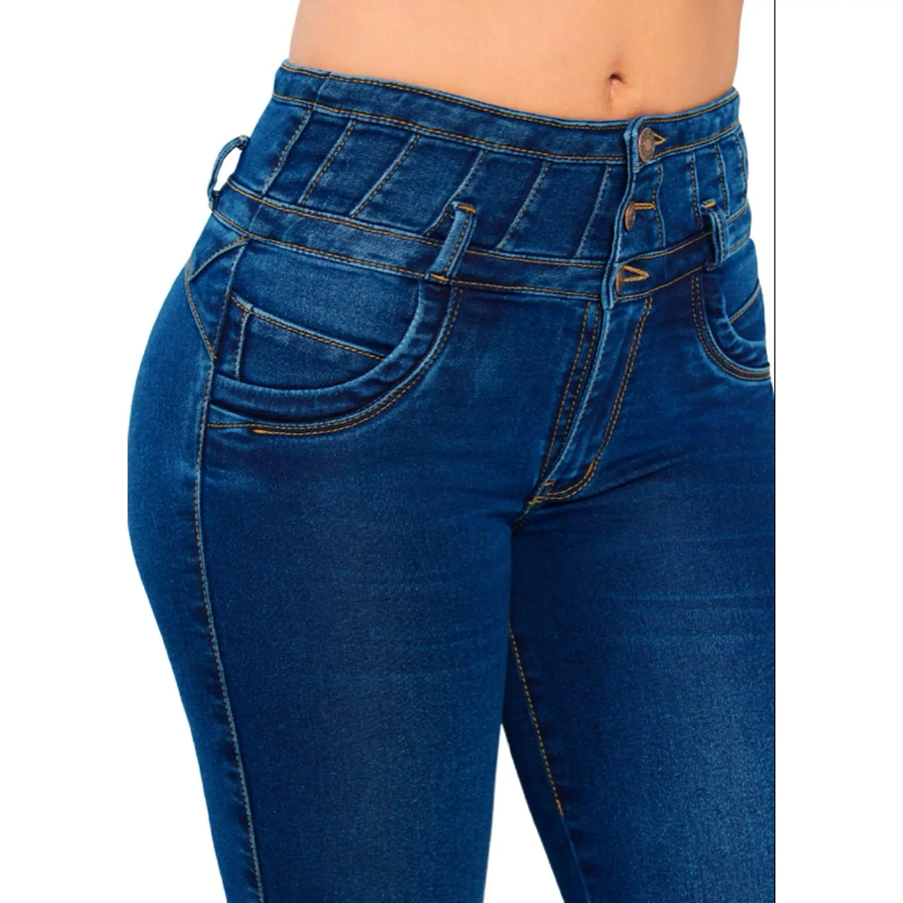 Skinny Denim Jeans with High Waist, 3 Buttons, Heart-shaped Pocket, and Front Boot Embroidery
