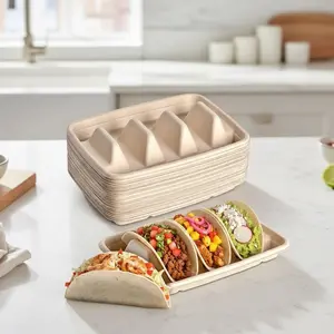 24PCS Disposable Taco Holders for Party, Premium Paper Taco Plates with 3 Dividers, Fiesta Tacos Holder Tray for Taco Tuesday Bar Serving Set, Decorations Supplies