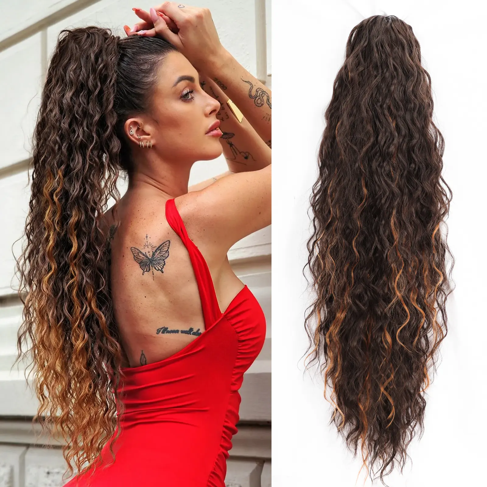 Claw Long Wavy Ponytail Extension Black Brown 30" Curly Pony Tail Clip in Hair Extensions for Women fluffy Natural Looking Synthetic Hairpiece for Daily Use