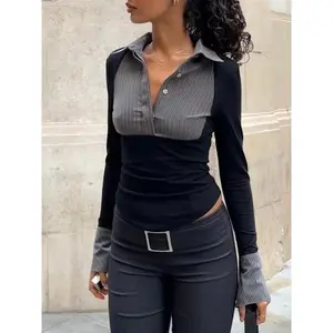 Women’s 2-in-1 colorblock patchwork and striped print polo shirt, casual flounce-sleeve button-front top for autumn, ladies’ clothing for everyday wear