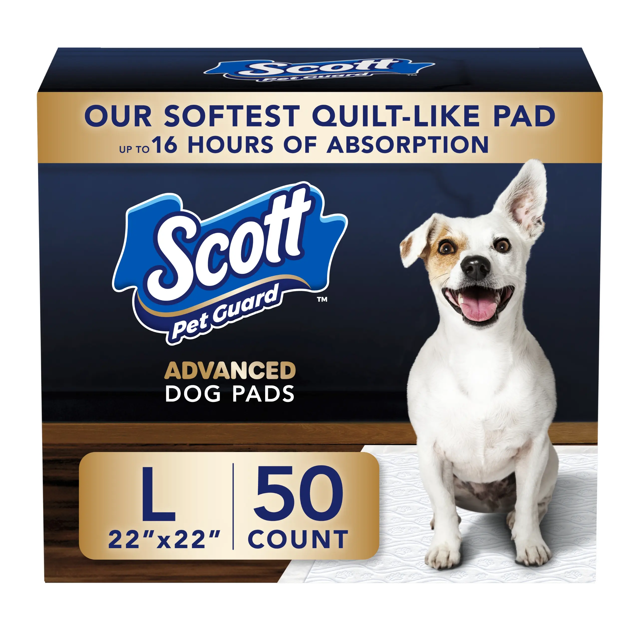 Scott Pet Guard Advanced Disposable Dog Training Leak Prevention Pads - Waterproof Absorbent, Quilted Core, 16-Hour Absorbency, Odor Control, Soft Design, Toss-After-Use for Medium/Large Dogs & Puppies, Waterproof Absorbent Pads