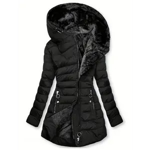 Women's Zippered Hooded Down Jacket - Casual Long-Sleeve Solid Polyester Fabric Tops, Faux-Lined Warm Winter Sports & Outdoor Style Jacket
