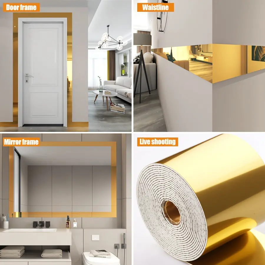 Self-Adhesive Gold Silver Baseboard Molding, PVC Interior Moulding, Removable DIY Home Decor Sticker, Wall Trim Border Decal for Living Room Cabinet Edges
