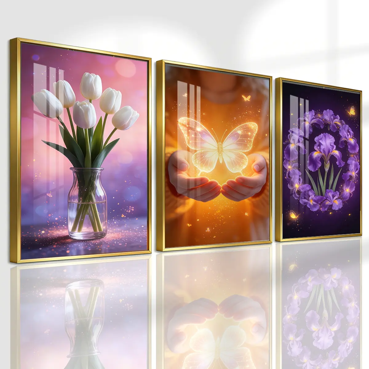 3 Counts Aluminum Alloy Framed Painting, Glowing Butterfly Flowers Art Pictures, Home Decoration For Living Room, Bedroom, Office, Restaurant, Hallway Wall Decor, Odorless Print Artwork, Luxury Perfect Gift For Friends And Family