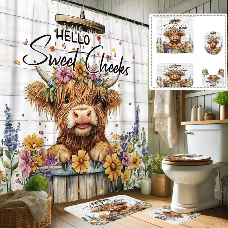 4 pcs cute Highland cow and floral designs, exquisite shower curtain set, non-slip floor mat, U-shaped carpet, toilet lid cover, perfect for bathroom decoration, partition, beautify the space, 12 shower curtain hooks are included