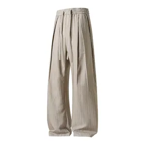 Men’s Summer New Striped Curved-Cut Straight-Leg Wide-Leg Pants – Flowy Ice Silk, Floor-Length, Loose Fit, Versatile, Trendy Casual Long Pants