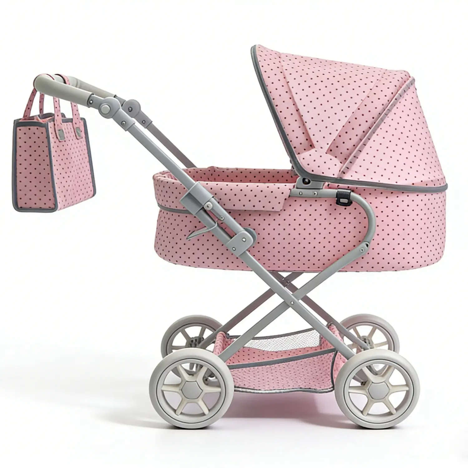 Kids' Foldable Baby Doll Pram with Soft Adjustable Handle, Quick-Folding Design, Shoulder Bag, 4 Wheels, Basket, Shopping Function & Multi-Surface Compatibility (Suitable Height for Kids' Play), Four