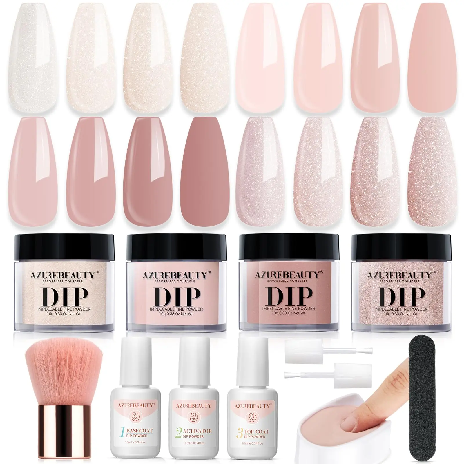 AZUREBEAUTY Dip Powder Nail Kit Starter with 4 All-Season Nude Glitter Colors, Base Coat, Top Coat, Activator & Tray for DIY French Manicure & Nail Art, Nail Care, Dip Powder Nails