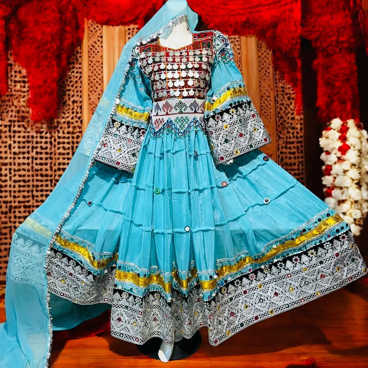Handmade Afghan Traditional Dress Blue Embroidered Long Dress with Mirror Work Dupatta Sky Blue Color Medium Size 40 41 Inches Length