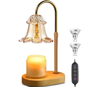 Decorative Electric Flower Candle Warmer Lamp - Adjustable Timer, Dimmer, 2 Bulbs, Fragrance-Releasing Glass Jar Candle Holder, Wooden-Metal Home Decor for Room, Wedding Ideal Gift for Her