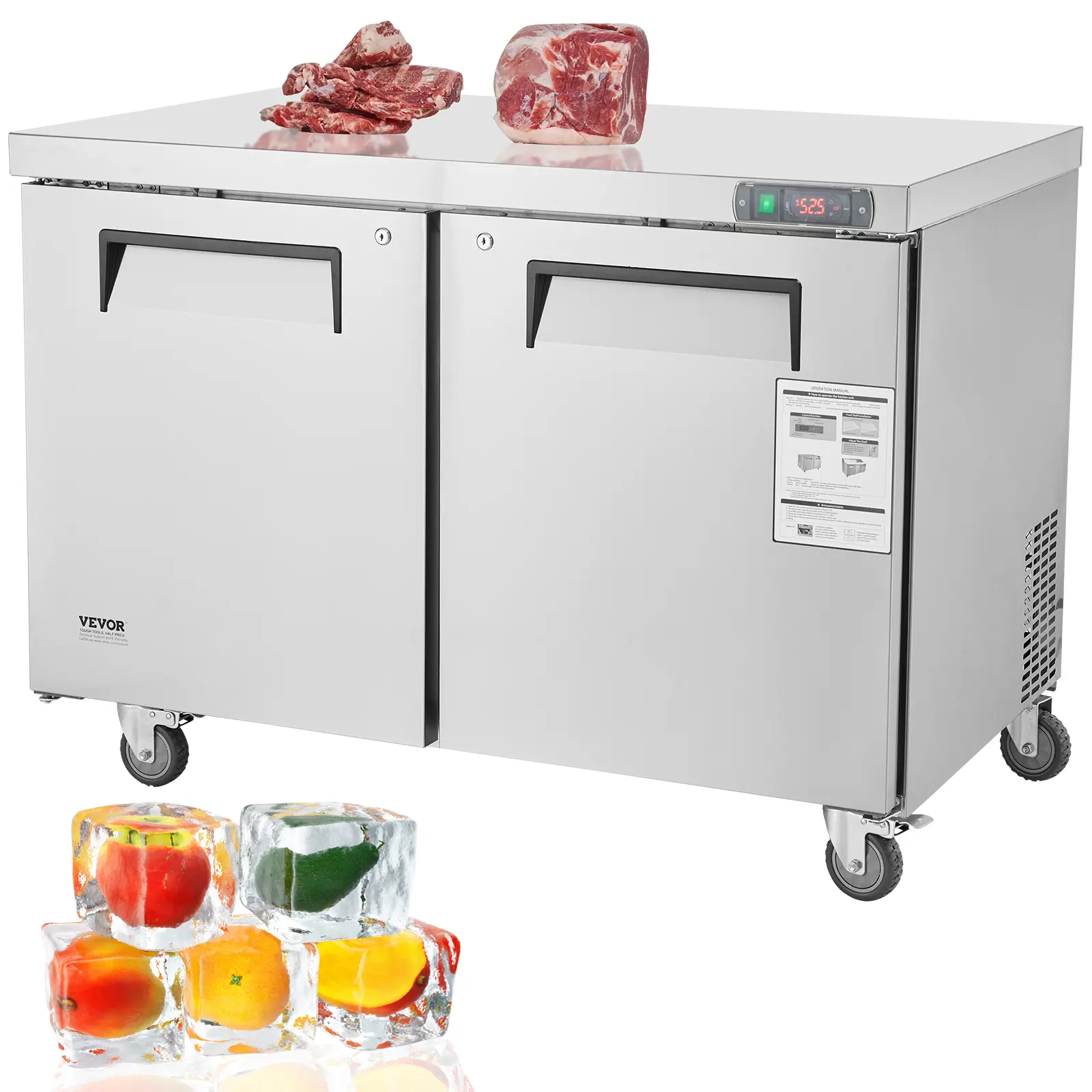 【Summerfinds】VEVOR 48" Commercial Dual-Zone Frozen Food Prep Table, 12.9 Cu. Ft Stainless Steel Station with 2 Doors, Frost Free Locked Unit with Casters, Cleaning Brush for Restaurant Food Preparation, Insulated Compartments Freezers