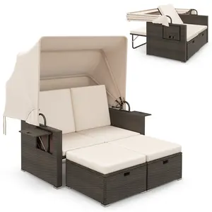 COSTWAY - Outdoor Patio Rattan Daybed with Retractable Canopy and Adjustable Backrests-Beige