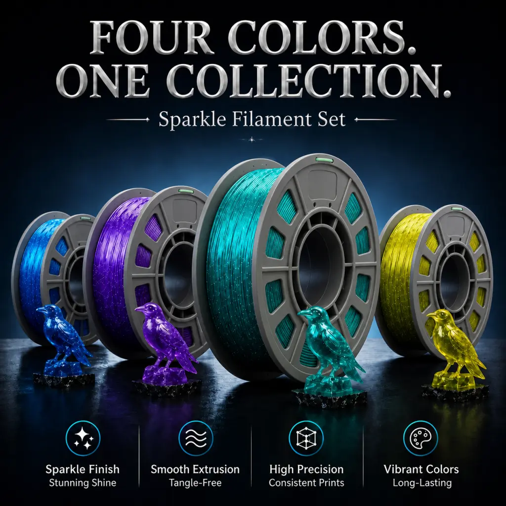 Sparkle PETG 3D Printer Filament (3D Printing Supplies) - 4 Pack Filament Set, Silver Flecks, 1.75mm, 300g Spool, Glitter Finish, Crisp Detail, 220°C-250°C Printing Temperature