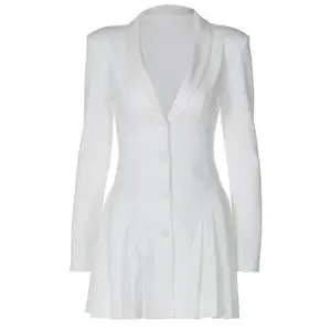 Women's Elegant Deep V-Neck Long Sleeve Button Pleated Mini Blazer Dress