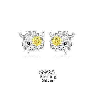 S925 Sterling Silver Highland Cow Stud Earrings for Women – Scottish Charm Animal Jewelry, Hypoallergenic Lightweight Cute Earrings, Daily Wear Gift for Animal Lovers Travel Buddies