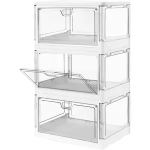 3 Pack Clear Stackable Storage Boxes with Lids Magnetic Doors Front Opening Foldable Plastic Craft Containers Large Wardrobe Organizer for Bedroom Living Room Study Toys 24 Quart