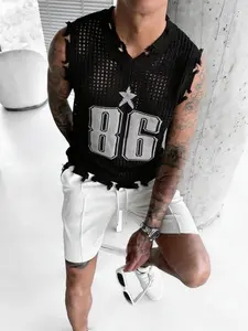 Men’s 86-hole openwork distressed knit vest, suitable for layering and vacations Casual Sleeveless