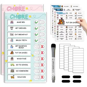 Dry Erase Kids Chore Chart for 2 Kids Pink and Blue - Magnetic Routine Chart with Slider Cute Design Stickers, Morning Bedtime Routine Chart for Toddlers Visual Schedule for Kid