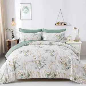 Botanical Comforter Set Queen, 7 Pieces Green Reversible Bed in a Bag Floral Leaves Bedding Soft Microfiber Queen (1 Comforter,2 Pillowcase,2 Pillow Shams,1 Flat Sheet,1 Fitted Sheet)