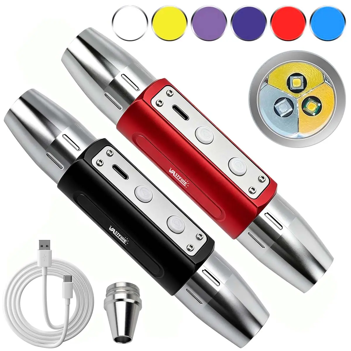 Professional 6-Source Mini Dual-Head LED Torch - UV Lamp, Steel-Body, Multi-Cell, Adjustable Modes, USB Rechargeable, Waterproof, for Jewelry Appraisal, Gemstone Inspection, Led Light, Cells, Adjustable Light Modes