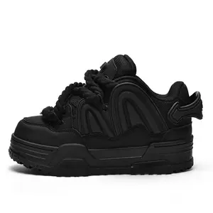 Q-AND Men's Platform Sneakers – Stylish all-black casual shoes with chunky rope laces, lightweight street-style walking sneakers.