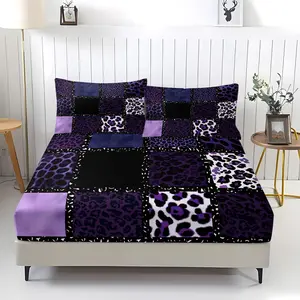 Dark Y2K Style Purple Black Leopard Patchwork Print Fitted Sheet Set, Includes 2 Pillowcases, Block, Breathable Comfort, Durable Soft Bedroom Decor