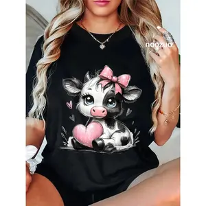 100% Cotton Unisex Awesome Black & White Cow Holding Heart Pink Coquette Bow T-Shirt Casual Top