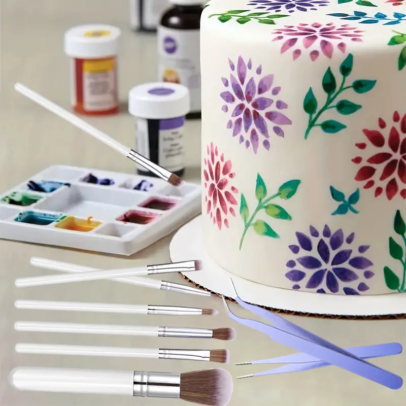 10 Pieces Cake Candy Decorating Brushes Tools Cookie Decoration Brushes Pastry Brush and Stainless Steel Straight and Curved Tip Tweezers Pasta Tweezers for Baking Fondant