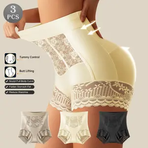 QUASTI Women's High-Waist 3-Piece Lace Patchwork Briefs - 3 Pcs/3 Mix Colors, Fashion Soft Elastic Breathable Knicker, High-Elasticity Shaping, Hip-Lifting & Abdominal Control, Elegant Daily Wear Underwear, S-XXL summerwins