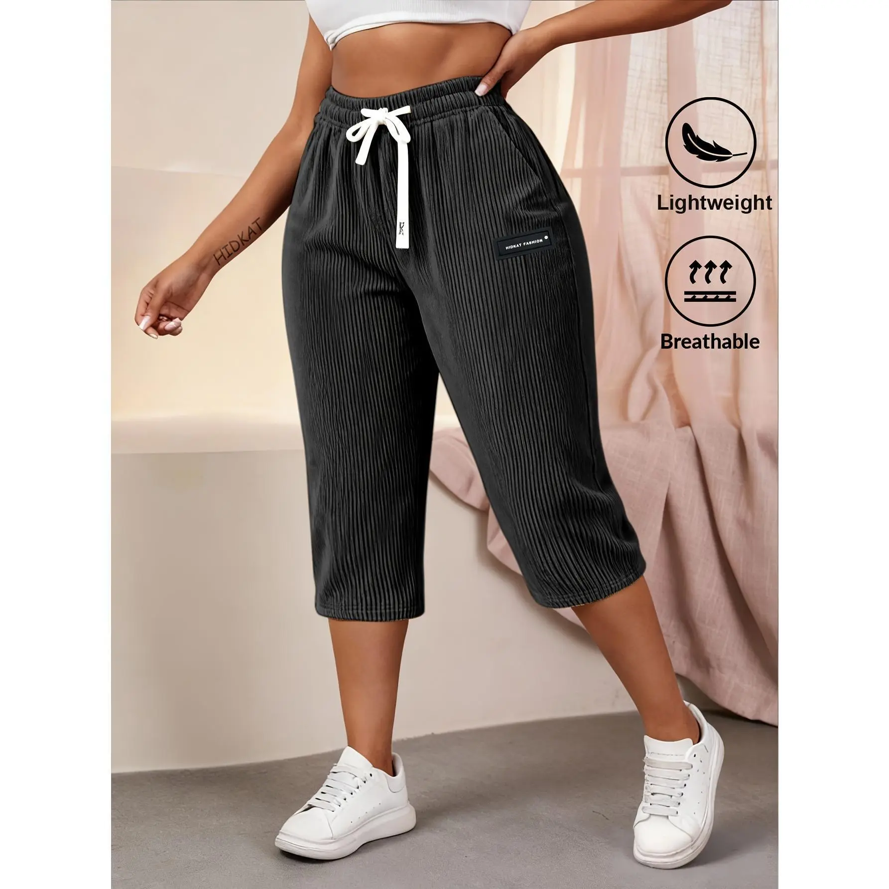 Women's Corduroy Capri Pants, Lightweight Breathable Drawstring Waist Cropped Pants, Casual Knee-Length Lounge Pants with Pockets