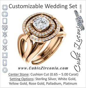 CZ Wedding Set, featuring The Gayatri engagement ring (Customizable Cathedral Cushion Cut Design with Double Halo and Wide Horseshoe-inspired Split Band)