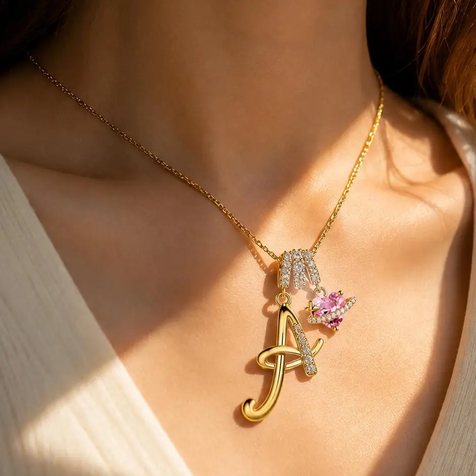 HIPUNK Women's Gold-Plated 3-Layered Initial Necklace, Dainty Adjustable Choker with A-Z Initial Pendant & Pink Heart CZ Charm, Personalized Costume Jewelry Gift for Wife, Cute Gifts For Wife