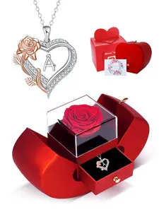 Apple Shape Rose Box With Rose Heart Initial Necklace for Women, Letter Alphabet Heart Necklace, Anniversary Birthday Jewelry Gifts for Wife Mom Girlfriend, Love Necklace